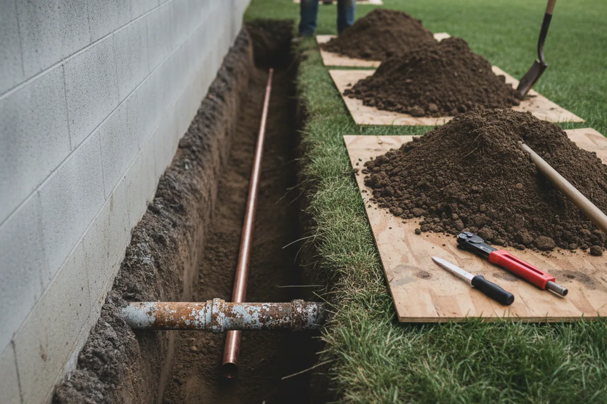 Excavated water line trench during Water Softener Installation in Clio